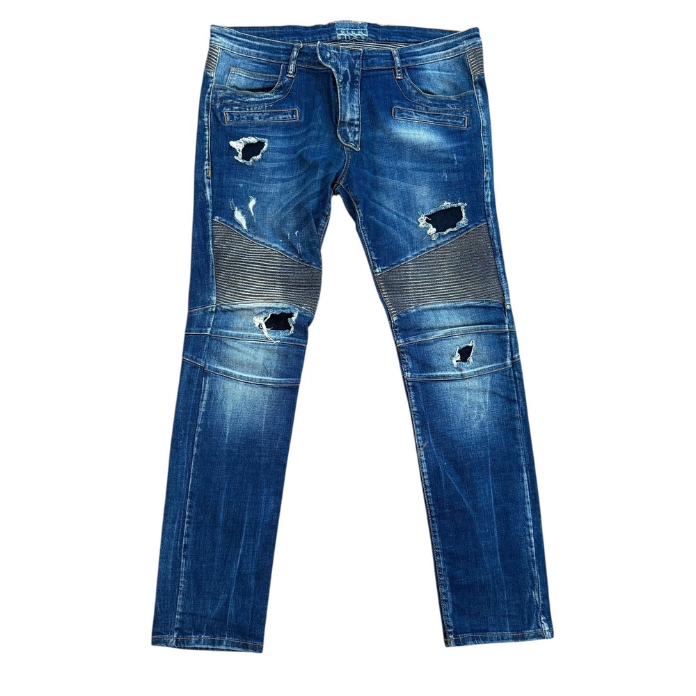 Balmain Paris Men Blue Distressed Moto Jeans Biker Style Size‎ 38 Slim
